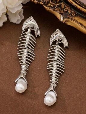 Silver Fishbone Drop Earrings with Pearl Teardrops